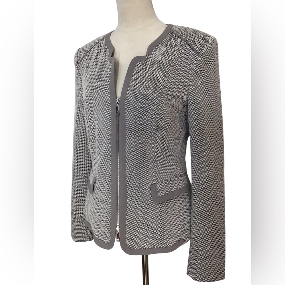 Basler Gray Metallic Textured Full Zippered Stretch Blazer Jacket Size 38 - Picture 2 of 12
